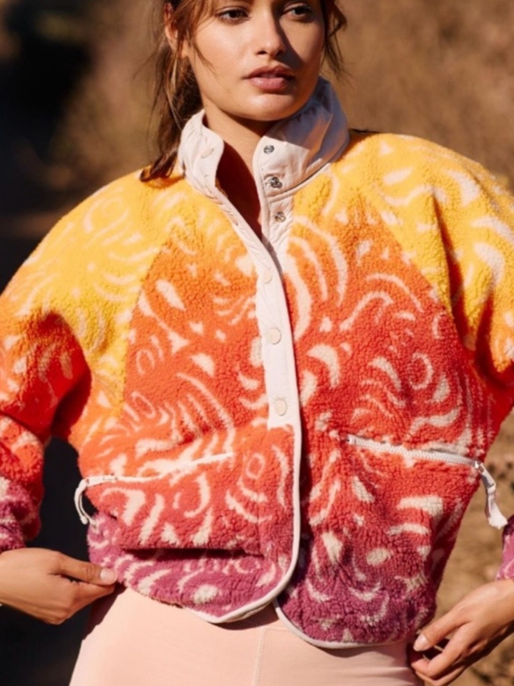 Free People Ombre Teddy Jacket in Yellow Orange Pink Purple